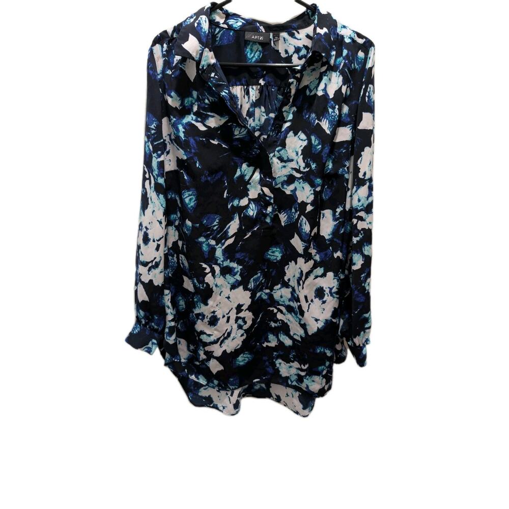 Apt 9 Women's Shirt Top Split Neck Tunic Blouse Floral Blue Size 0X XL Bloomcore